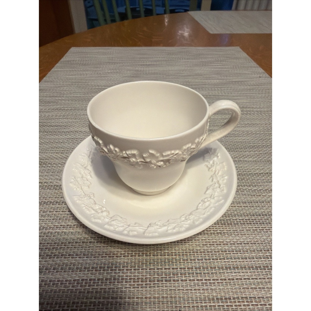 Wedgwood Cream on Cream Plain Embossed Grapevine Demitasse Cup & Saucer Set MINT